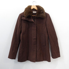 Brown Wool Coat Womens Size Medium Pea Jacket Fur Collar Zip Winter Mango