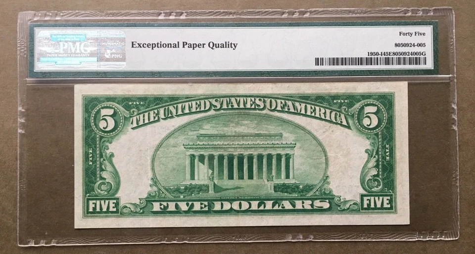 1928  $5 FRN  MINNEAPOLIS  FR 1950-I   PMG 45 EPQ  Ser# I 03908061 A - Image 2 of 3