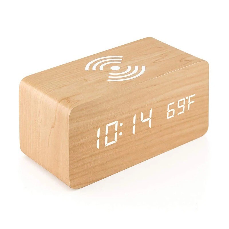 Modern Wooden Wood Digital LED Desk Alarm Clock Thermometer Wireless Charger us