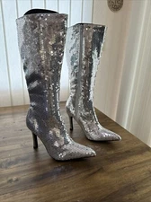 Funtasma Shiny Silver Sequin Boots, Festival Costume Disco Club Futuristic, Sz 7