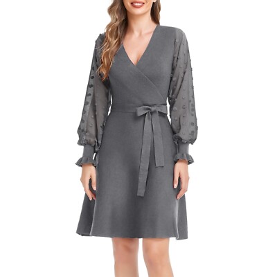 Women's V Neck Sweater Wrap Dresses Ruffle Long Sleeve Knit Dress with Belt  | eBay