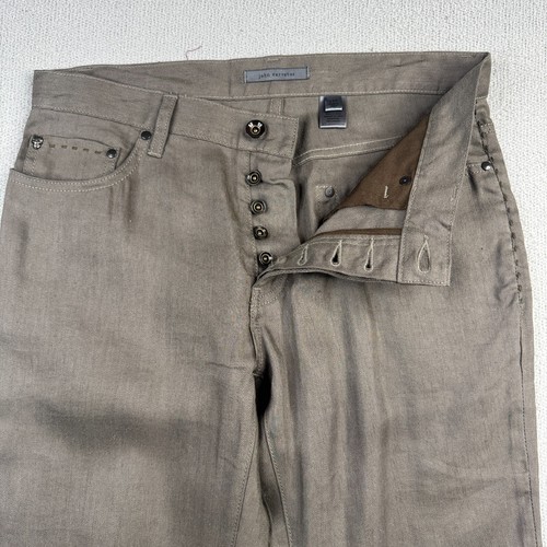 Pantalones John Varvatos Para Hombres 32R Nuez moscada Calavera Calce Recto 5 Bolsillos Mezcla de Lino NUEVO - Imagen 12 de 13