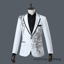 2PCS Men's Floral Rhinestone Dress Suit Blazer Coat Pants Party Prom Jacket Set