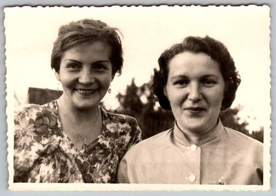 Vtg B&W Snapshot Two Smiling Women In Floral Dress And Button Up Shirt Circa