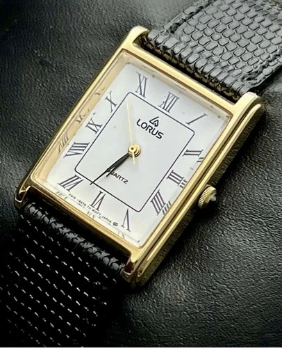 Vtg New 1988 LORUS Seiko Tank Men's 34mm Quartz Watch Gold White Roman Numerals