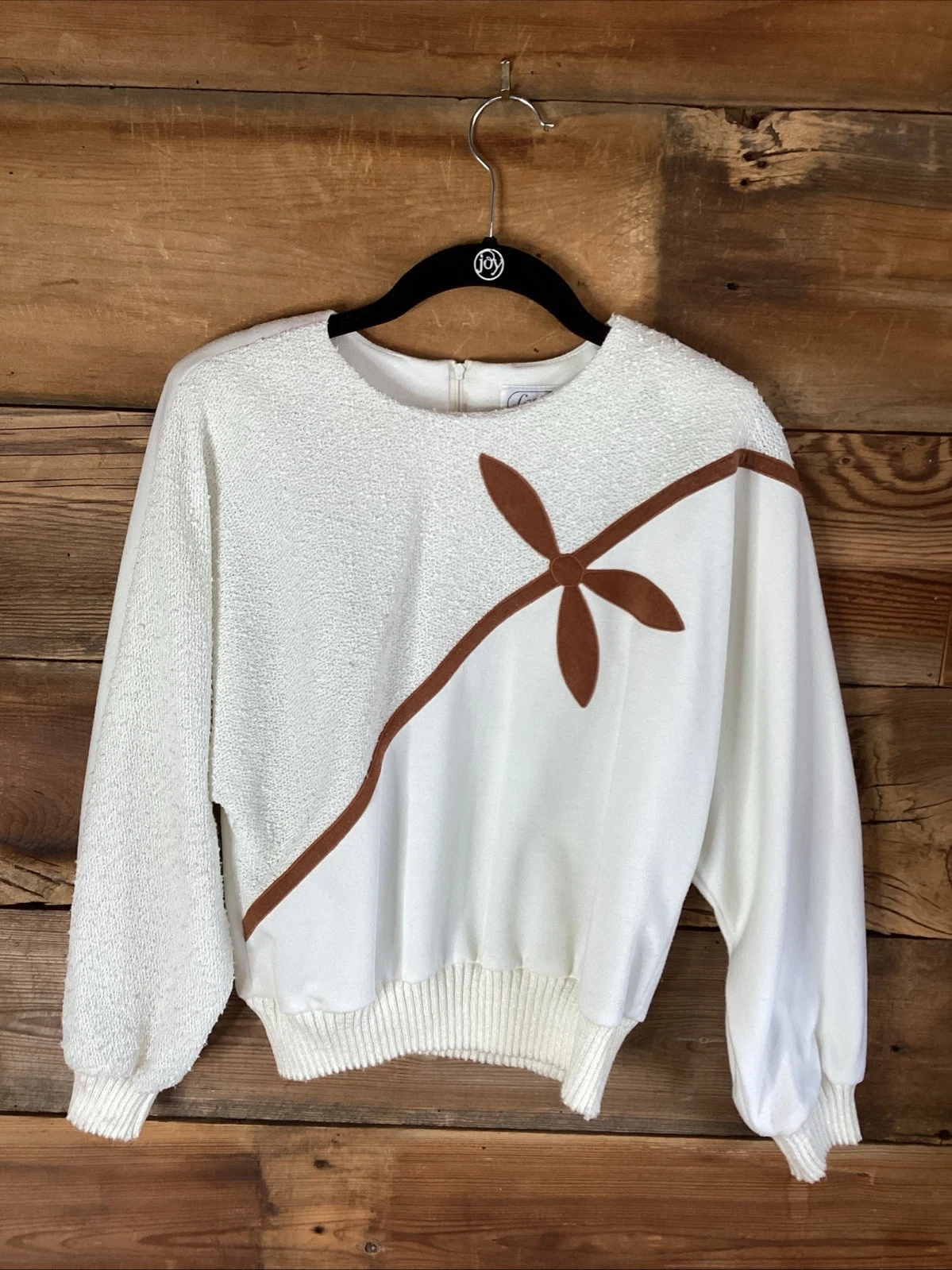 Vintage 1970s Leslie Fay Knit Top Retro Cream And Brown Small Ribbed Cuffs & Hem