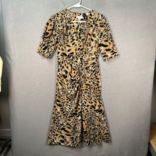 Topshop Womens Size 6 Leopard Print Midi Dress w/ Ruched Front Elbow Sleeves