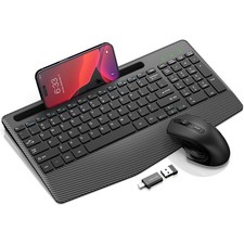 Wireless Keyboard Mouse Combo Ergonomic Wrist Rest Phone Holder White