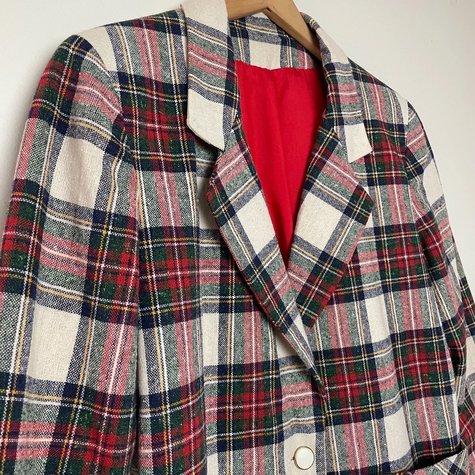Blazer Vintage Años 90 Vacaciones Cuadros Navidad Preppy Academia Rojo Verde Tartán L Foto 2 de 4