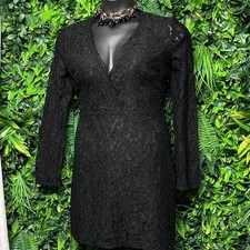 WAYF Dress Large Black Floral Lace Surplice V-Neck Long Sleeve No Stretch 3961