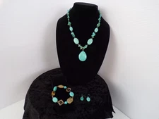 Jewelry Womens Turquoise Necklace Bracelet Earrings Set Chunky Silver Tone