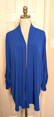 Susan Graver Liquid Knit Open Front Blue Cardigan 3X Ruched Sleeve