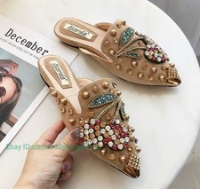 Womens Pointy Toe Rhinestones Mules Slip on Fashion Slippers Flats Comfort Shoes