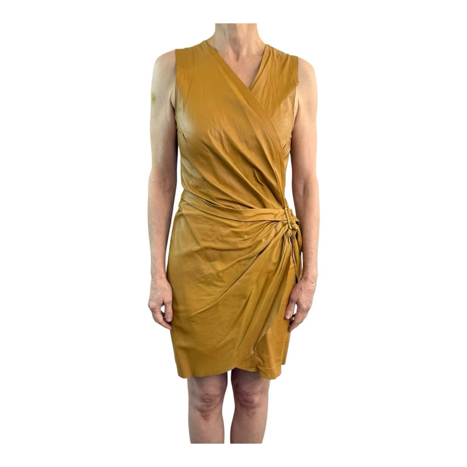 Kirrily Johnston Size 8 Aus 4 US Mustard Brown Leather Mini Wrap Dress Vintage - image 2 of 4