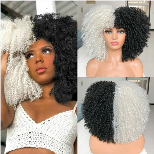 Half Black Half White Blond Short Bob Kinky Curly Wigs With Bangs Fancy Party Ebay