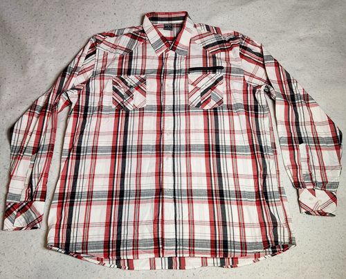 AVIREX Mens Shirt Sz 3XL White Red Black Plaid Button-Up Long Sleeve Pockets