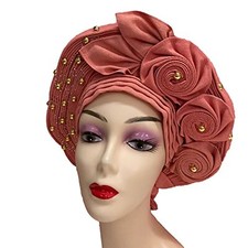 White Nigerian Gele Headtie African Head Wraps Aso Oke Already Made Auto Gele...