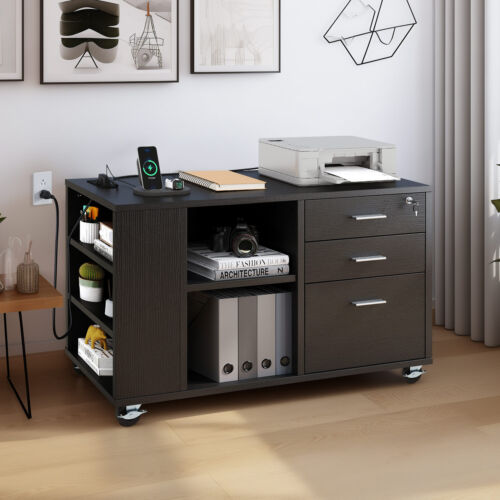 Mobile File Cabinet 3 -Drawer Office Organizer Filing Cabinet w/Charging Station