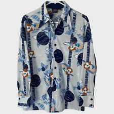 Vintage Joel California Abstract Retro Disco Button-Up Shirt Blue Mens Medium