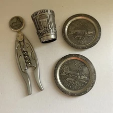 Irish Pewter Bar Set, Shot Glass, Cork Screw Wine Opener and Pair of Coasters