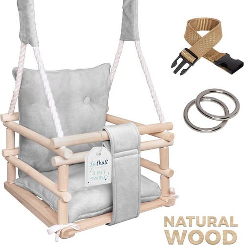 Holz Babyschaukel Indoor 3in1 – Kinderschaukel mit Kissen und Sicherheitsgurt - Bild 8 von 57