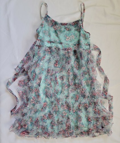 Justice Girls Dress Size 10 Blue Pink Floral Tulle Ruffle Silver Metallic Dots - Afbeelding 1 van 8