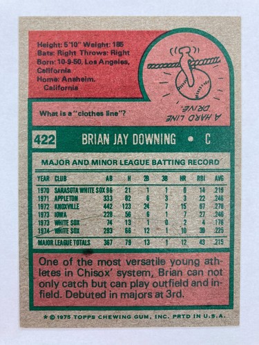 1975 Topps #422 Brian Downing (Chicago White Sox) - Picture 2 of 2
