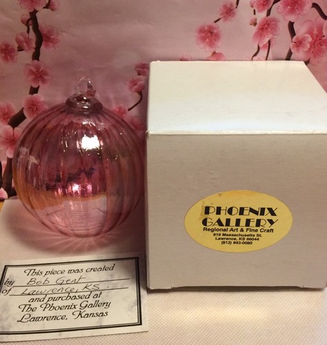 Pink Crackle Art Glass Ball Ornament BOB GENT Phoenix KS Gallery SIGNED
