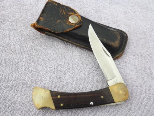 Buck 110 Hunter USA Folding Blade Knife With Black Leather Sheath 1974-80 2 DOT