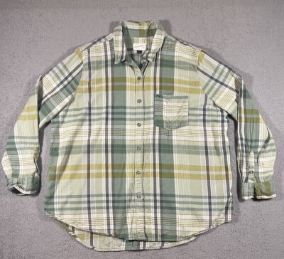Universal Thread Button Up Shirt Womens L Large Green Plaid Long Sleeve Collared