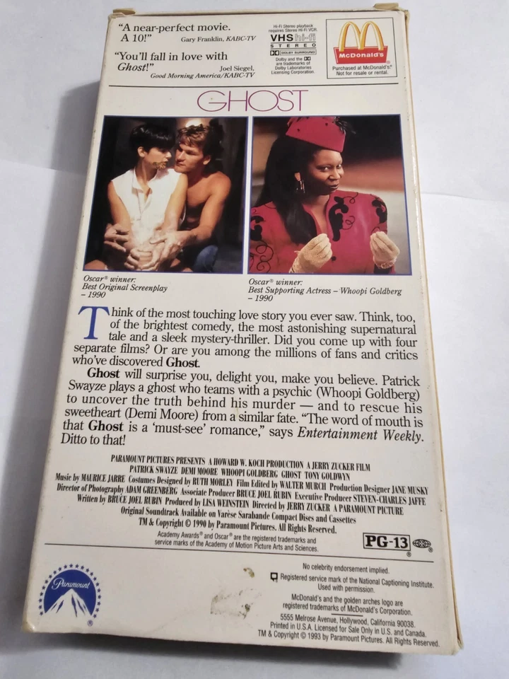 Ghost (VHS, 1991) Patrick Swayze Demi Moore Vintage Purchased At McDonald's - Image 3 of 4