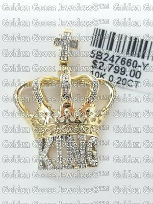 10K Yellow Gold Diamond Pendant Large 3D King Crown Men Man Cross Top #1 Boss