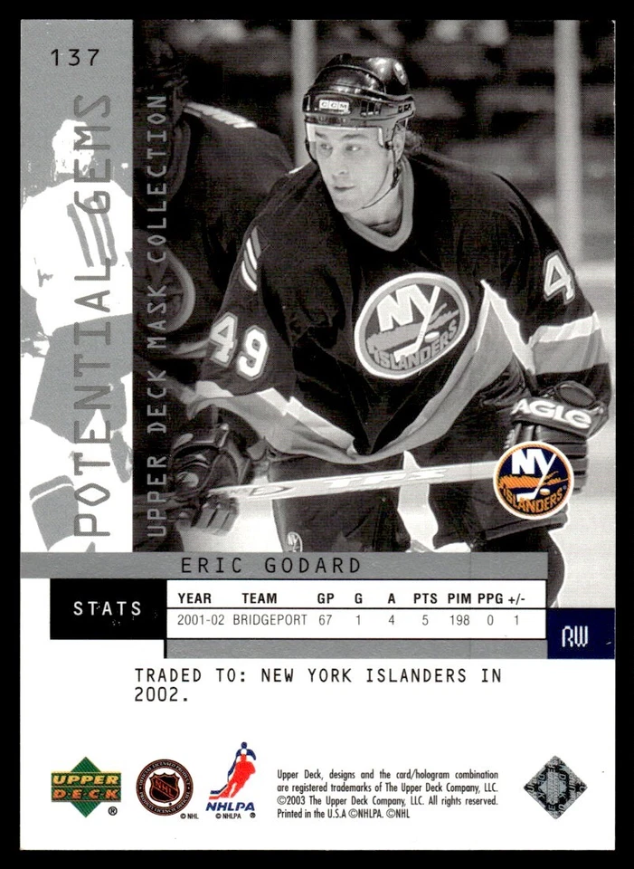 2002-03 Upper Deck Mask Collection Eric Godard Rookie /1750 Islanders #137 R37 - Image 2 of 2