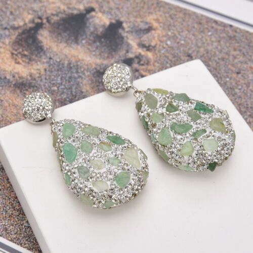 Big Size Green Chrysoprase Silver Color Crystal Pave Water drop Dangle Earrings - Picture 1 of 6