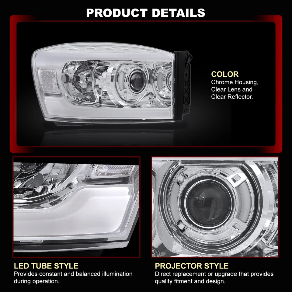 For 2006-2008 Ram 1500 LED DRL Projector Headlight Signal Lamp Left+Right Chrome Foto 4 de 4