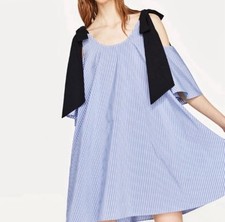 NEW Zara Women babydoll, shoulder off, striped dress, size S, blue 