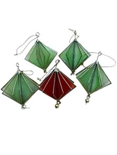 Capiz Shell Christmas Ornaments Green Diamond Shape 5 Set Lot Unique Vintage