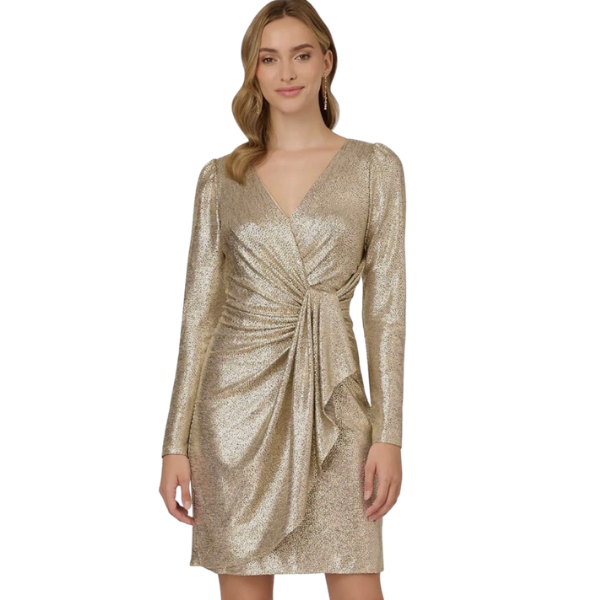 Adrianna Papell Women's Foiled Knit Draped Dress, Light Gold, 14