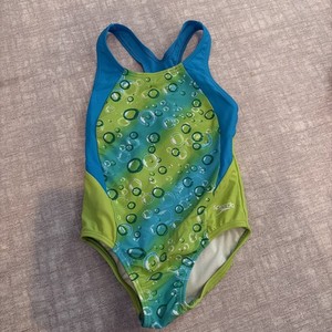 Speedo Girls Racer Back One Piece Swimsuit Green Blue Bubble Size 6