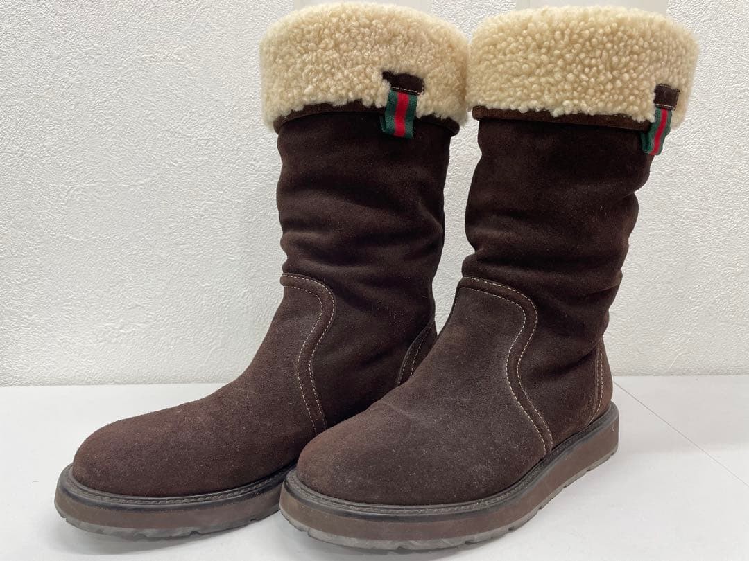 GUCCI Boots Shoes EU 36 US 6 Mouton Boa Suede Brown Authentic