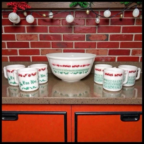 Vintage Hazel Atlas Milk Glass Christmas Jingle Bells Egg Nog Bowl and Mugs Set