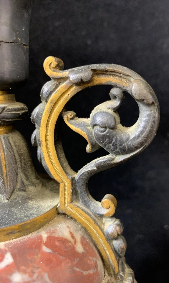 Pair of Antique Brass and Marble Candlesticks with Ornate Design - #1008 - Image 3 of 4