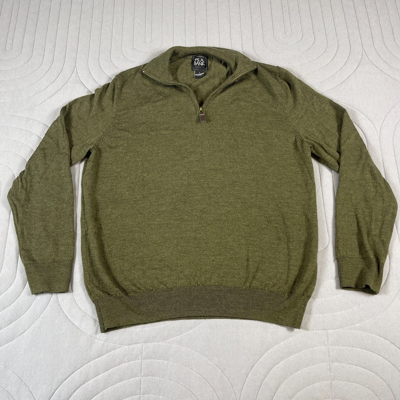 Jos. A. Bank Sweater Mens Large Green Merino Wool Pull-Over 1/4 Zip Long Sleeve