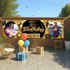 Personalised Outdoor Birthday Banner Name Photo Black Gold Design Man Woman kids