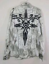 Roar Cowboy Grunge Button Up Long Sleeve Shirt Grey Cross Buckle Men’s X Large