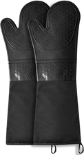 Extra Long Silicone Oven Mitts, Heat Resistant Oven Gloves with Quilted Liner No