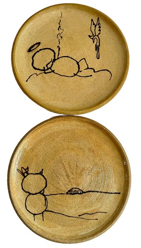 2 Vtg Studio Art Pottery Cat Angel Plate Stoneware Hand Thrown Signed 9.25”