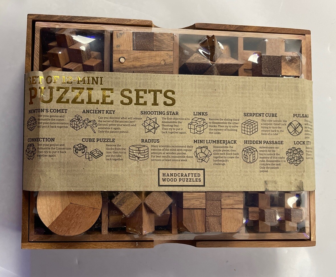 Set Of 12 Mini Puzzle Sets Hand Crafted Wood Puzzles ~ NEW