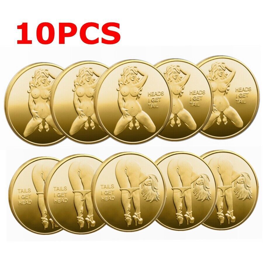 10pc Heads I Get Tail -Tails I Get Head Sexy Girl Flipping Coin Gold Plate +Case