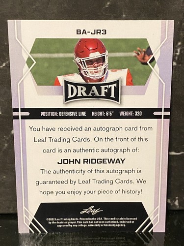 2022 Leaf Draft Auto Red John Ridgeway #BA-JR3 Rookie Auto RC Commander Arkansas - Picture 2 of 2